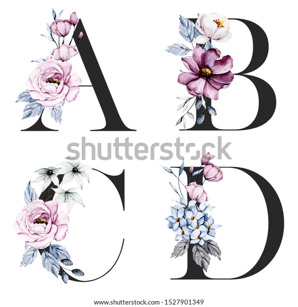 Floral Alphabet Letters Set With Watercolor Flowers And Leaf Monogram Initials Perfectly For