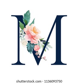 Floral Alphabet - navy color letter M with flowers bouquet composition. Unique collection for wedding invites decoration and many other concept ideas.