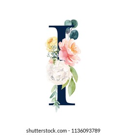 Floral Alphabet - navy color letter I with flowers bouquet composition. Unique collection for wedding invites decoration and many other concept ideas.  Stock Illustration