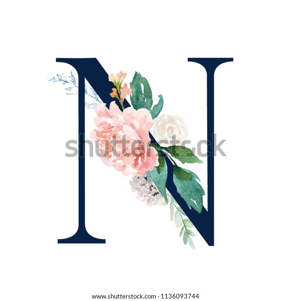 Floral Alphabet Navy Color Letter N Stock Illustration 1136093744