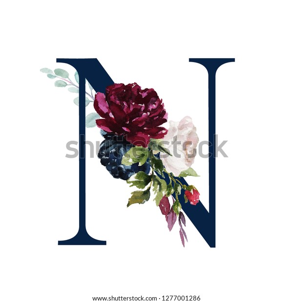 Floral Alphabet Navy Letter N Flowers Stock Illustration 1277001286