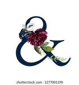 Floral Alphabet - navy logogram & with flowers bouquet composition. Unique collection for wedding invites decoration and many other concept ideas.