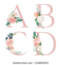 Floral Alphabet Set - letters A, B, C, D, with flowers bouquet composition. Unique collection for wedding invites decoration and many other concept ideas.