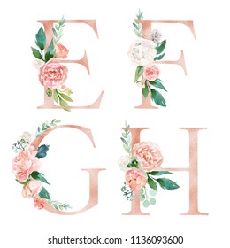 Floral Alphabet Set - letters E, F, G, H, with flowers bouquet composition. Unique collection for wedding invites decoration and many other concept ideas.