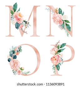 Floral Alphabet Set - letters M, N, O, P, with flowers bouquet composition. Unique collection for wedding invites decoration and many other concept ideas.