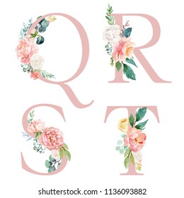 Floral Alphabet Set - letters Q, R, S, T, with flowers bouquet composition. Unique collection for wedding invites decoration and many other concept ideas.