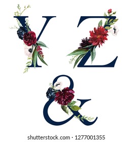Floral Alphabet Set - navy letters Y, Z, & ampersand, with flowers bouquet composition. Unique collection for wedding invites decoration and many other concept ideas.