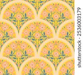 Floral arch seamless pattern. Scallop half circle geometrical monochromatic botanical ornament. Art nouveau stylized hand drawn small flowers and leaves on yellow background. Repeat allover backdrop