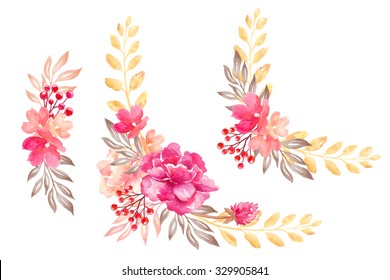 floral arrangement, flowers bouquet, design elements, watercolor clip art isolated on white background