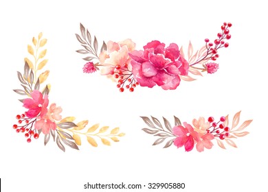floral arrangement, wreath, flowers bouquet, design elements, watercolor illustration isolated on white background