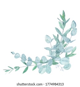 Floral Arrangements In Teal Color. Eucalyptus Foliage. Watercolor Greenery. Watercolor Illustration For Invitations And Cards