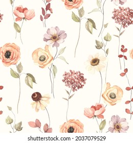 Floral autumn seamless pattern with flowers on stems. Watercolor print on ivory background in vintage style and pastel colors.