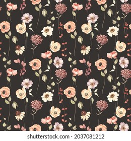 Floral autumn seamless pattern with flowers on stems. Watercolor print on dark brown background in vintage style and pastel colors.