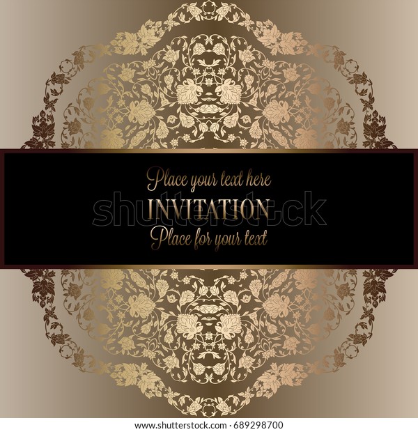 Floral background with antique, luxury beige and\
gold vintage frame, victorian banner, damask floral wallpaper\
ornaments, invitation card, baroque style booklet, fashion pattern,\
template for\
design.