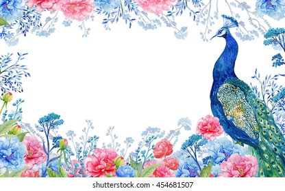 floral background for card text  Illustration watercolor large peacock flowers blue   pink peonies