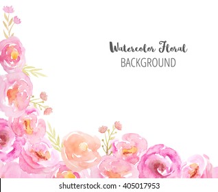 Floral background with hand painted watercolor flowers and branches in pink and yellow colors. Decorative floral background perfect for card making, wedding invitation and DIY project