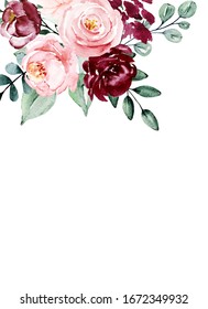 Floral background with place for text, border with watercolor flowers pink and burgundy for greeting card, wedding invitation and other printing design. Isolated on white. Hand drawing.