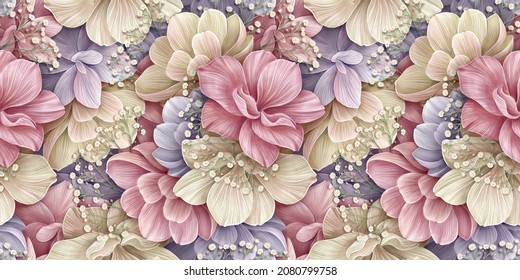 Floral background, seamless pattern, luxury wallpaper. Romantic delicate flowers, hydrangea, pink, beige, purple, white gypsophila. Watercolor 3d illustration, texture. Good cloth, interior, wedding
