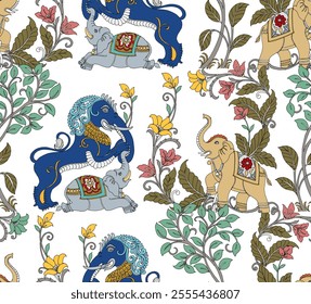 Floral background with tropical summer and spring flowers and elephants.Vector collection of African safari animals. - Powered by Shutterstock