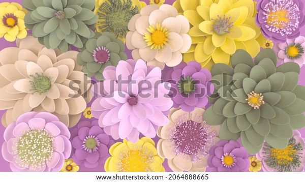 Floral background with violet, yellow and green flowers. 3d render wallpaper for walls. 