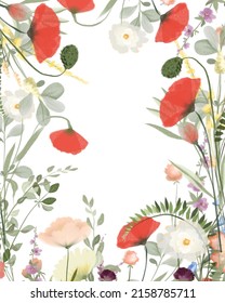 Floral border, card template of watercolor greenery, poppies and meadow plants, illustrations on a white background, design for cards and invitations