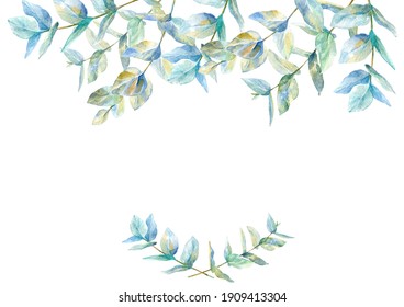 Floral border .Garland of a eucalyptus branches.Frame of a herbs.Watercolor hand drawn illustration.It can be used for greeting cards, posters, wedding cards.	
