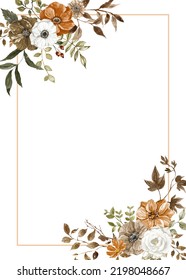 Floral Border With Rust, Brown And White Flowers And Tree Leaves. Fall Botanical Rectangle Frame. Watercolor Hand-painted Illustration.