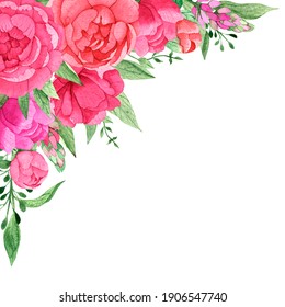 Floral border-corner of bright pink watercolor peonies and green foliage. Hand-drawn. For invitations, greetings, wedding design, sublimation, textiles, stickers.