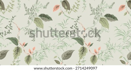 Floral botanical pattern wallpaper
Description: A seamless botanical pattern featuring a delicate mix of leaves, stems, and small blossoms in soft green, pink, and coral tones against a pale cream bac