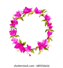 Floral bougainvillea round frame.Watercolor illustration. ?nvitation card.Hand drawn.