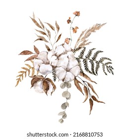 Floral Bouquet In Bohemian Style With Watercolor Cotton, Dried Foliage, Leaves, Eucalyptus, Pampas Grass, And Beige Flowers. Botanical Illustration.