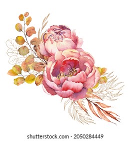 Floral bouquet with peony and eucalyptus. Watercolor and gold line hand drawn illustration isolated on white background. - Powered by Shutterstock