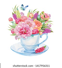 Floral Bouquet Watercolor Cup Illustration Picture Stock Illustration ...