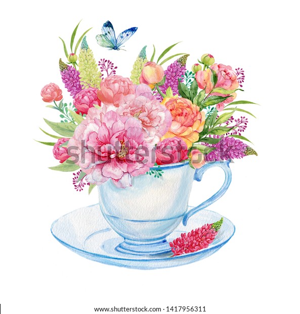 Floral Bouquet Watercolor Cup Illustration Picture Stock Illustration ...