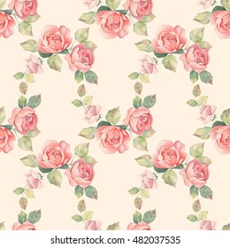 Floral branch. Watercolor seamless pattern 2.  Hand painted background with roses