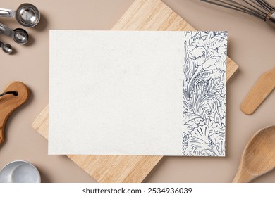 Floral certificate paper, professional cooking diploma with design space. Beige aesthetic top view image. Restaurant paper photography top view with beige background. Minimal image for paper mockup. - Powered by Shutterstock