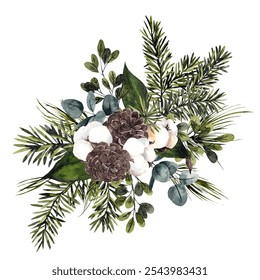 Floral Christmas bouquet with watercolor hand draw winter flowers, cotton, pine branch, berry and leaves, isolated on white background - Powered by Shutterstock