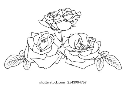 Floral composition. Three wide opened roses with leaves. Horizontal botanical illustration. Black contour isolated on a white background. Suitable for coloring book pages, print, digital or web design - Powered by Shutterstock