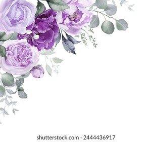 Floral corner border. Violet, lilac, purple watercolor flowers. Roses, peonies, eucalyptus leaves for elegant wedding invitation, greeting cards, fashion design. Hand painted illustration - Powered by Shutterstock