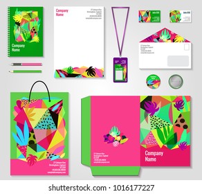 Floral corporate identity bright colorful modern templates collection with badge bag pen and documents folder  illustration - Powered by Shutterstock