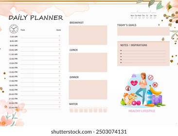 Floral daily digital planner, Beige daily meal program, Hourly to do list, Breakfast, lunch, dinner meal, Today's goals list, Notes list  - Powered by Shutterstock