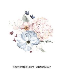 Floral decor with delicate flowers and leaves, watercolor illustration isolated on white background for invitation or greeting cards, design element in provence style.