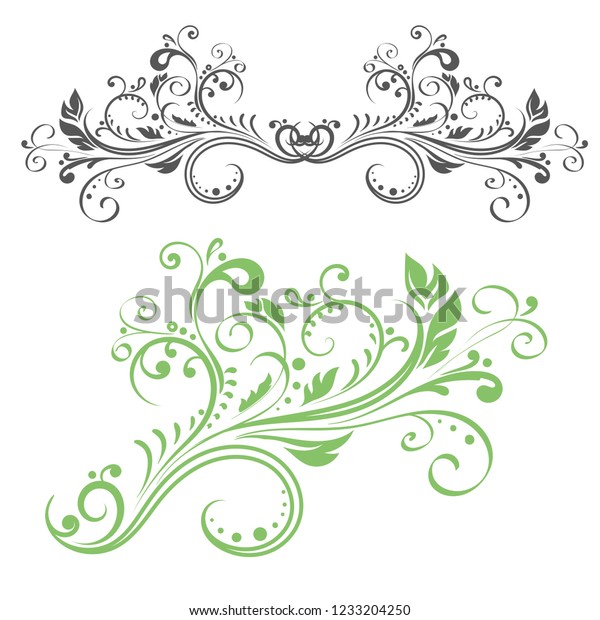 Floral decorative ornament. Green flower branch\
and black ornamental divider. Illustration isolated on white\
background. Raster\
version