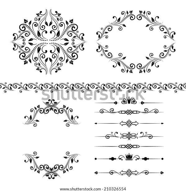 Floral\
design elements set , ornamental vintage border, frames and\
dividers in black color. Raster copy. Isolated on white background.\
Can use for birthday card, wedding invitations.\
