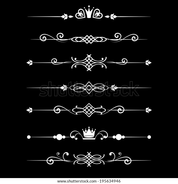 Floral design
elements vintage dividers with crowns in white color. Page
decoration. Raster copy. Isolated on black background. Can use for
birthday card, wedding invitations.
