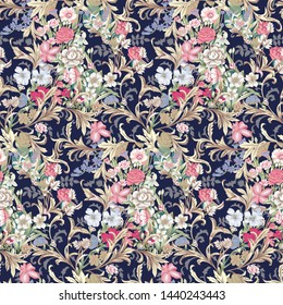 A floral design repeat for textile print on blue. Amazing floral print on self print.