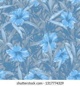 Floral Duo Tone Tropic Pattern Blue Trendy Flowers Bloom On A Exotic Plants Background. Gorg Monochrome Watercolor Painting Backdrop Seamless Jungle Decorating.