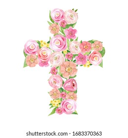 Floral Easter Cross Watercolor. Delicate watercolor illustration, suitable for Easter, first communion, baptism invitations.