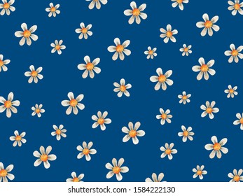 Floral Flower Background With Daises Chamomiles Pantone 2020 Classic Blue