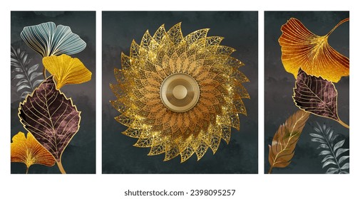 floral fractal flowers functional canvas art, ginkgo leaves and tree branches watercolor geode painting. 3d pattern golden leaves for wall canvas poster - Powered by Shutterstock